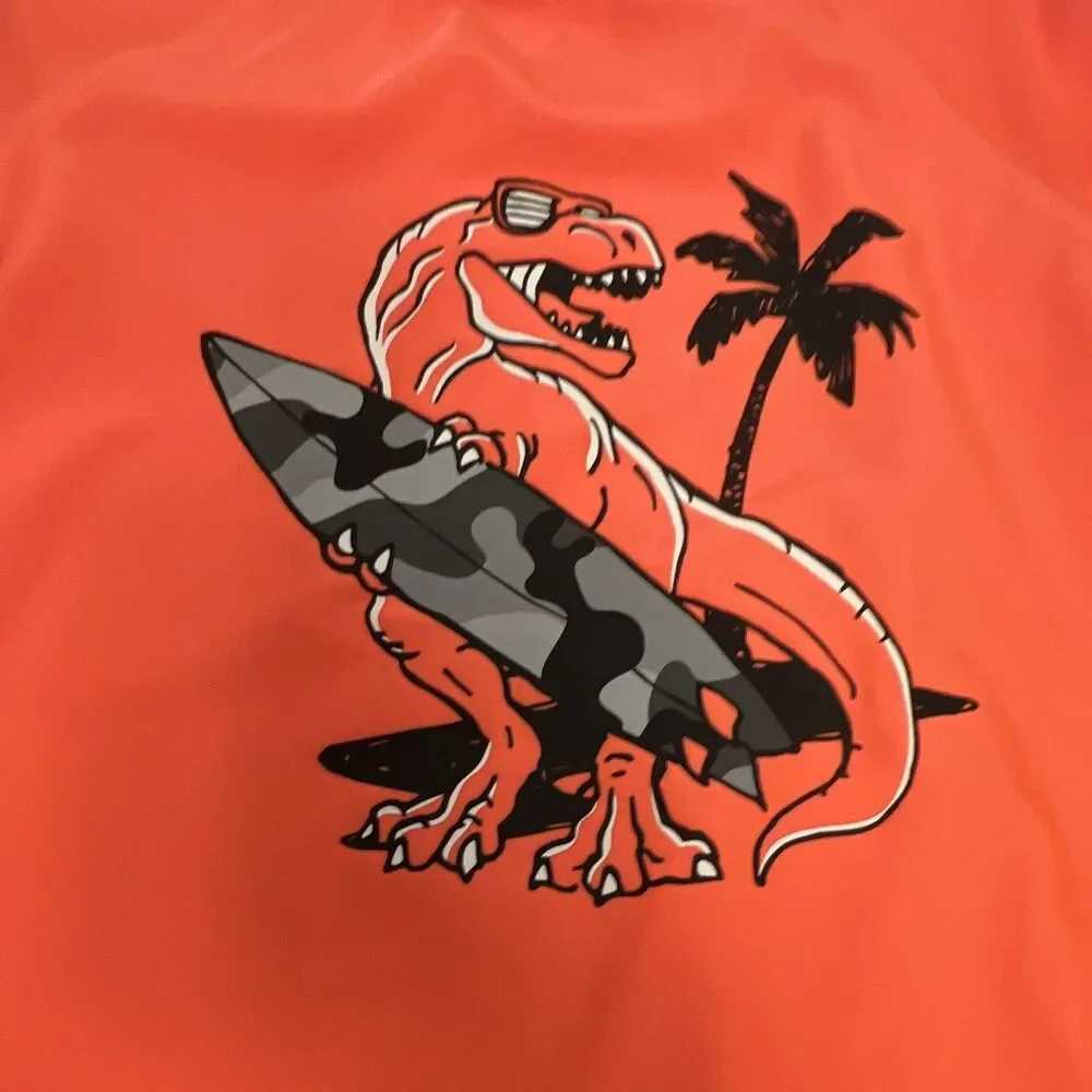 Jumping Beans Boys 5T 2-Piece Swim Set Orange Dino Swim Shirt & Camo Trunks